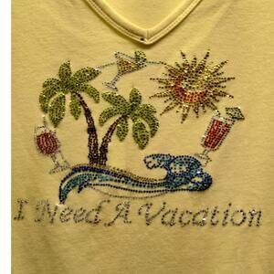 Vintage Get Lucky USA Size XL Yellow V-Neck Beach Embellished Jeweled T-Shirt